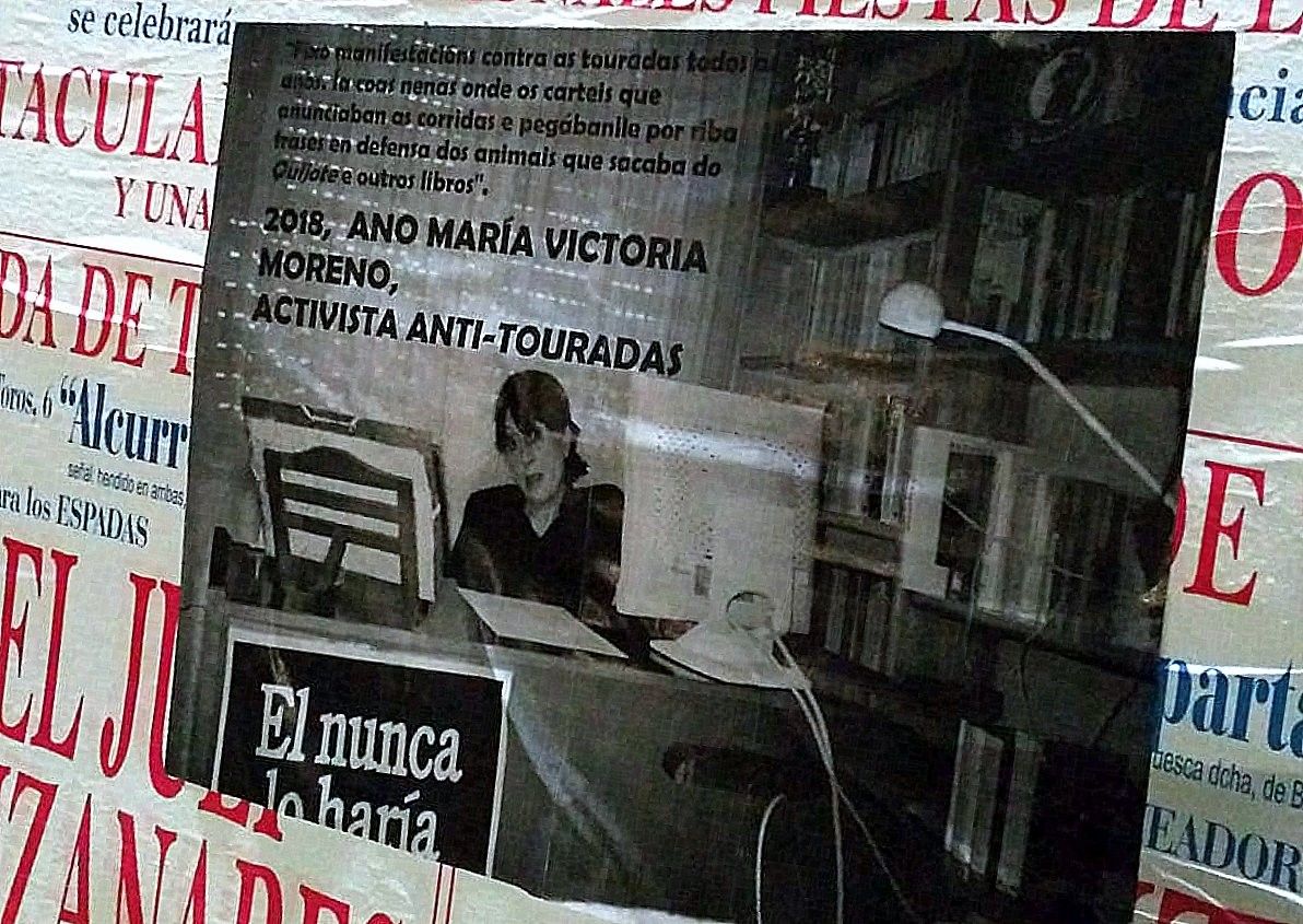 Cartel recordando las acciones antitaurinas de María Victoria Moreno