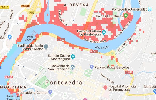 Zonas inundables de Pontevedra según Climate Central