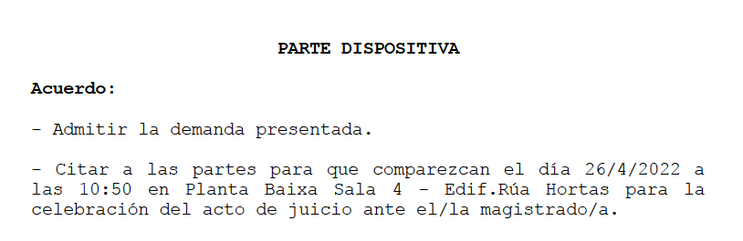 Señalamiento de un juicio para abril de 2022