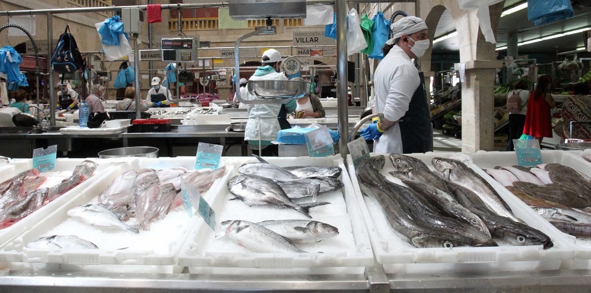 Puestos de pescado en la plaza de abastos de Pontevedra