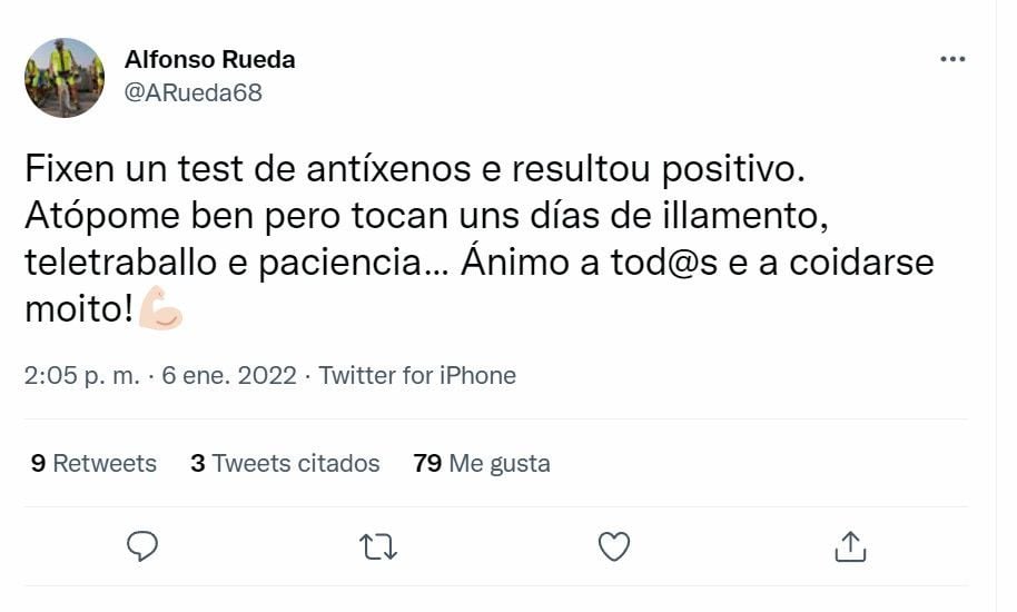 Tweet de AlfonsoRueda reconociendo su positivo en el test de antígenos