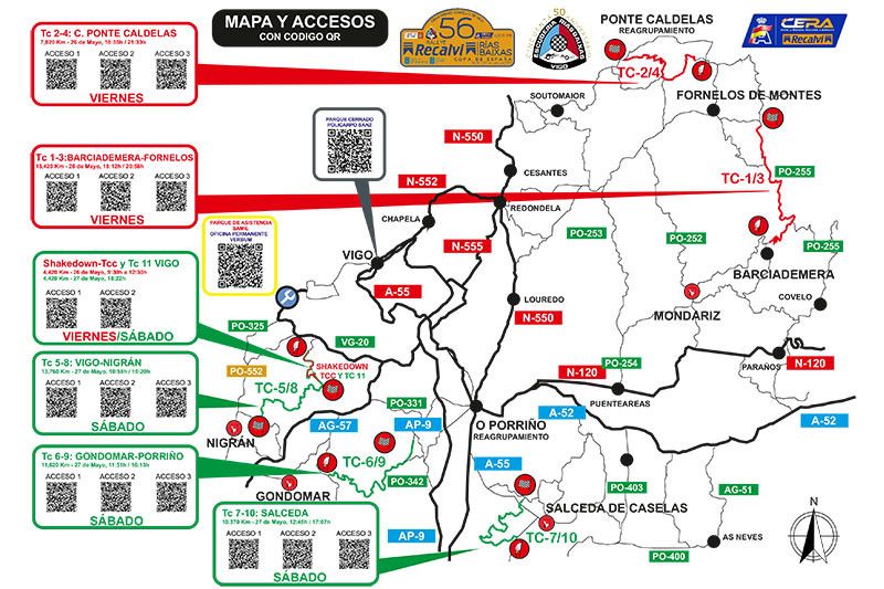 Mapa de los tramos cronometrados del 56 Rallye Rías Baixas