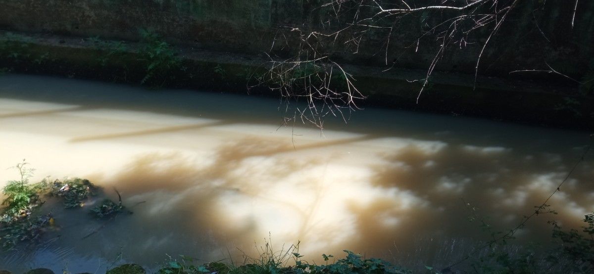 Cor marrón das augas do río Gafos ao seu paso polo centro de Pontevedra