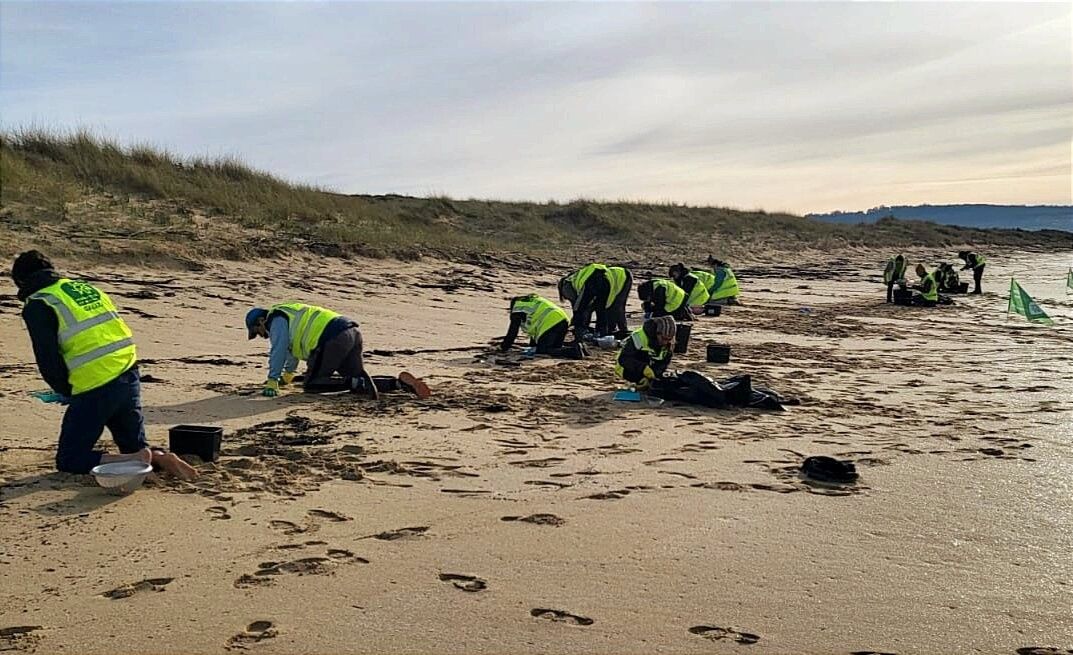 Voluntarios recollen pellets na praia da Lanzada nunha xornada convocada por Ecoloxistas en Acción