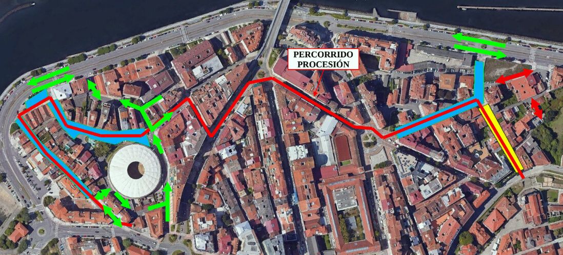 Restricciones de tráfico con motivo del Viático. En rojo, los puntos de acceso exclusivamente para garajes