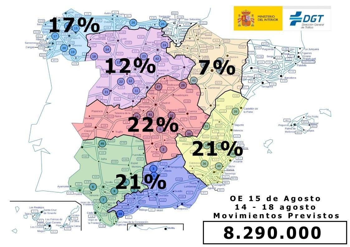 Mapa de desplazamientos previsto para el puente del 15 de agosto de 2024