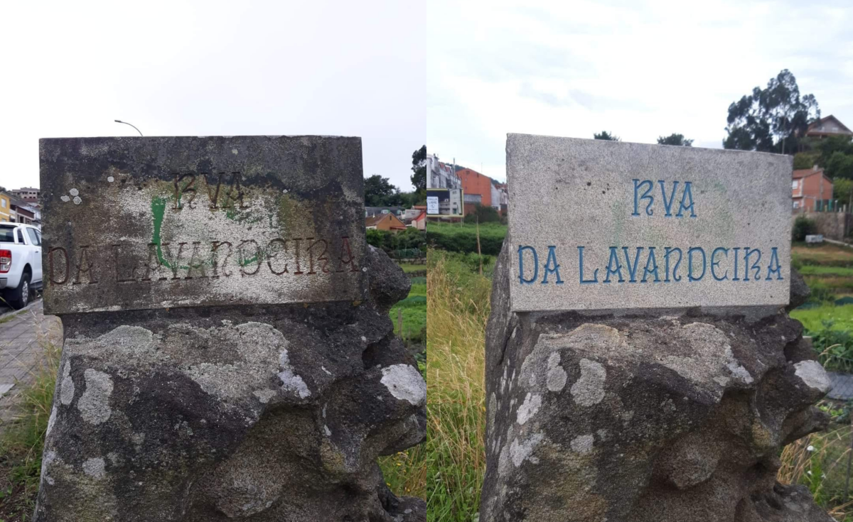 Estado de una de las placas de piedra antes y después de su restauración en Soutomaior