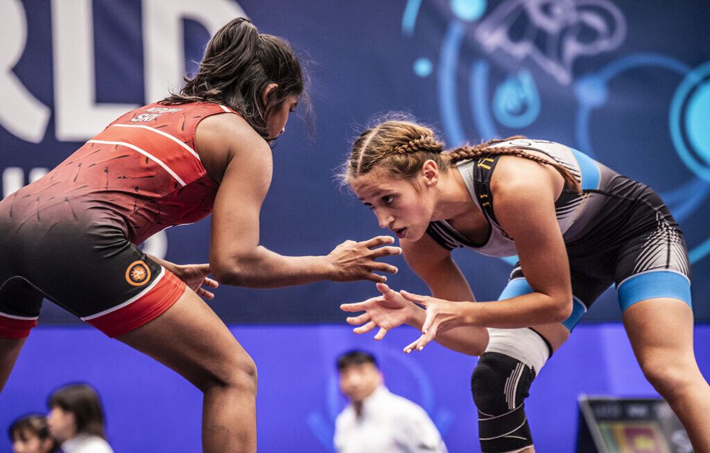 María Cazalla, en la tercera jornada del Mundial U20 de Lucha de Pontevedra