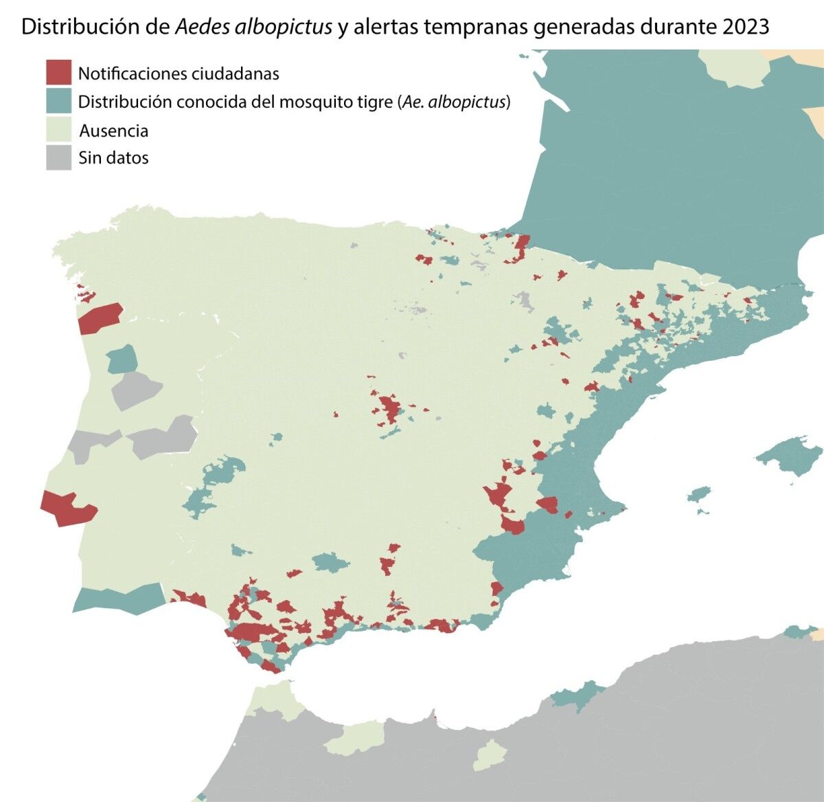 Mapa de puntos donde se ha detectado la presencia de mosquito tigre