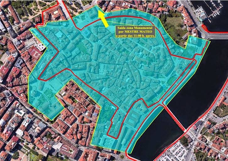 Plano indicando en cor azul as zonas que estarán pechadas ao tráfico o domingo 13 de outubro con motivo de "Pontevedra en marcha contra o cancro"