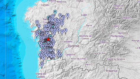 Lugares onde se notou o terremoto detectado poloInstituto Xeográfico Nacional