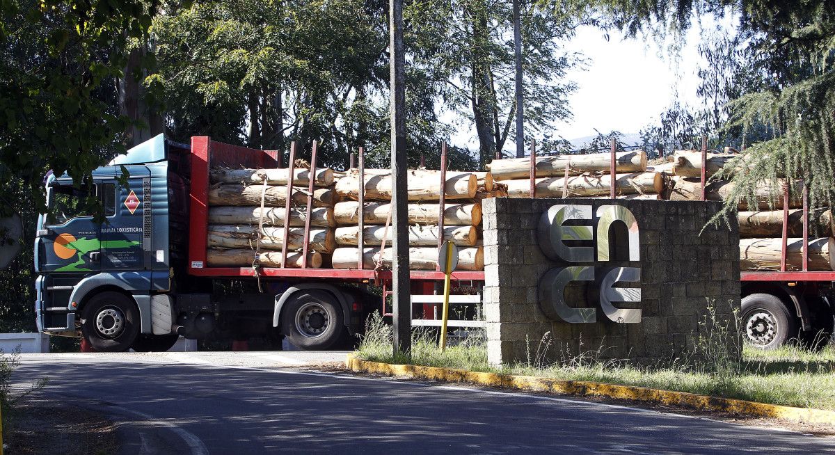 Camión de madera entrando en Ence