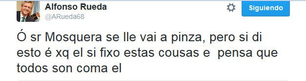 Tweet de Alfonso Rueda respondendo a César Mosquera pola aparición de coroas mortuorias