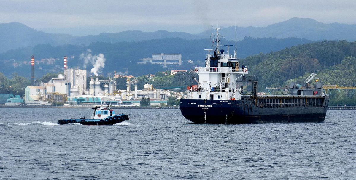 Embarcaciones en la ría de Pontevedra con Ence al fondo